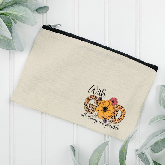 With God All Things Are Possible | Canvas Zipper Pouch | Cheetah Print