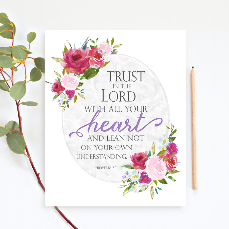 Proverbs 3:5 | Marble and Floral  | Bible Verse Art Print