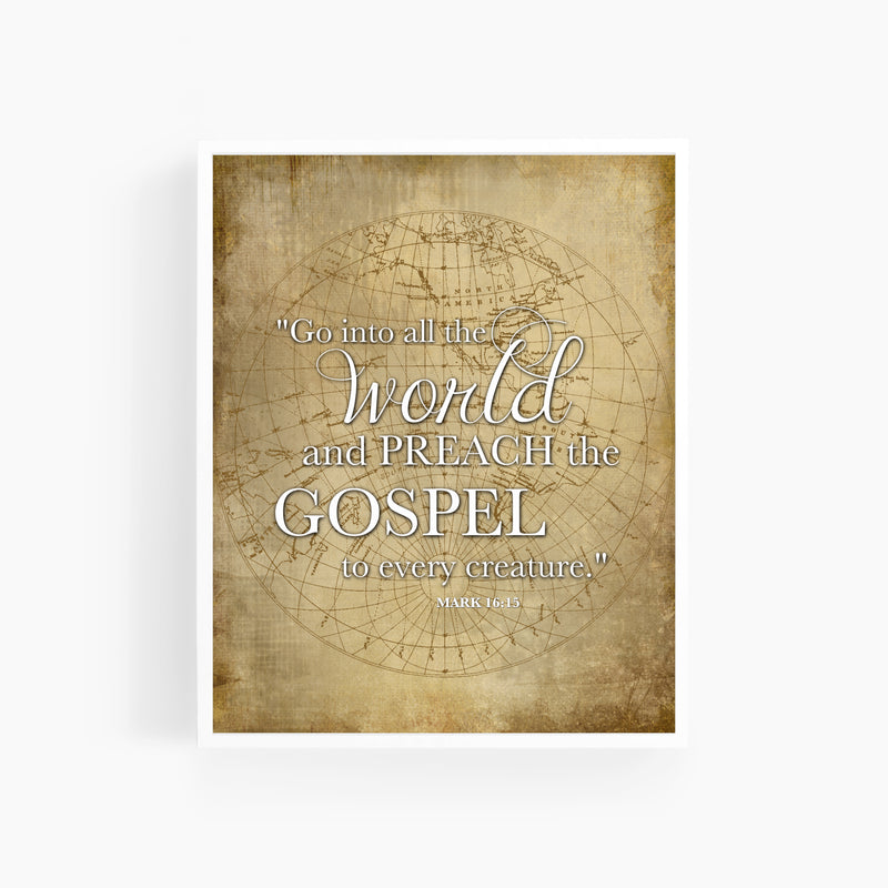 Mark 16:15 | Antique World Map | Bible Verse Art Print