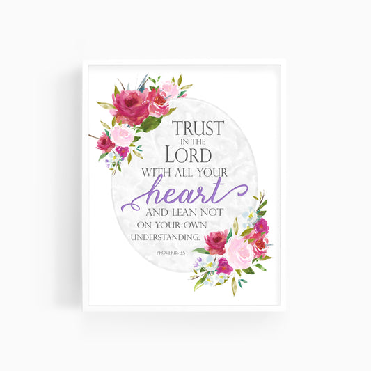 Proverbs 3:5 | Marble and Floral  | Bible Verse Art Print