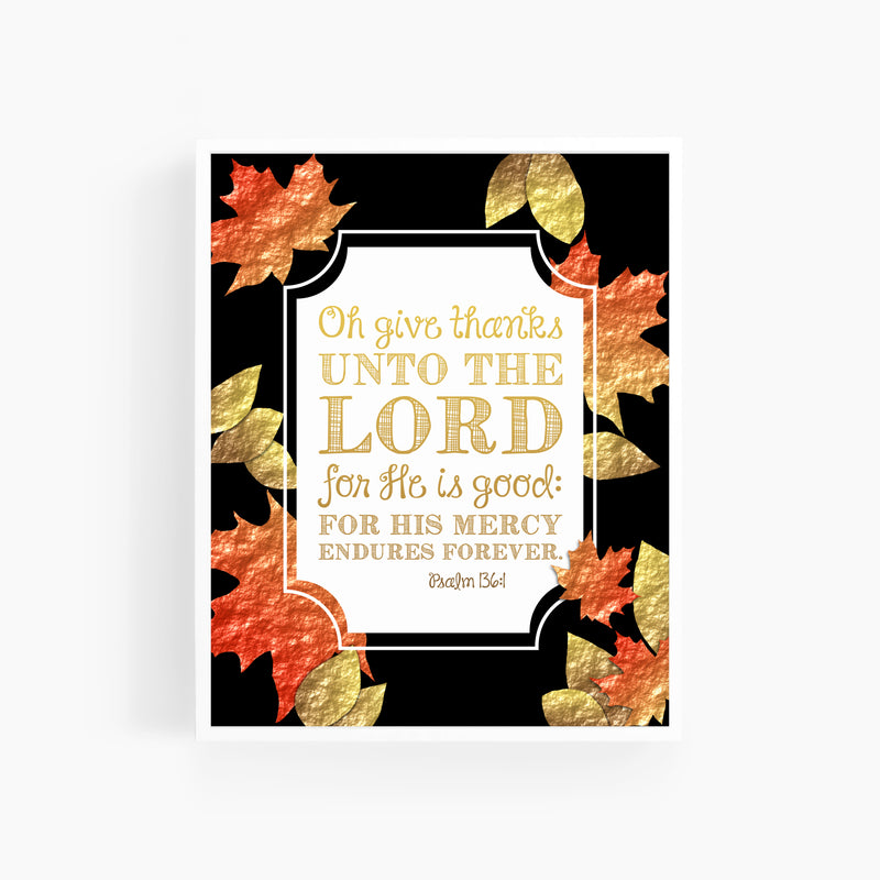 Psalm 136:1 Fall Leaves | Bible Verse Art Print
